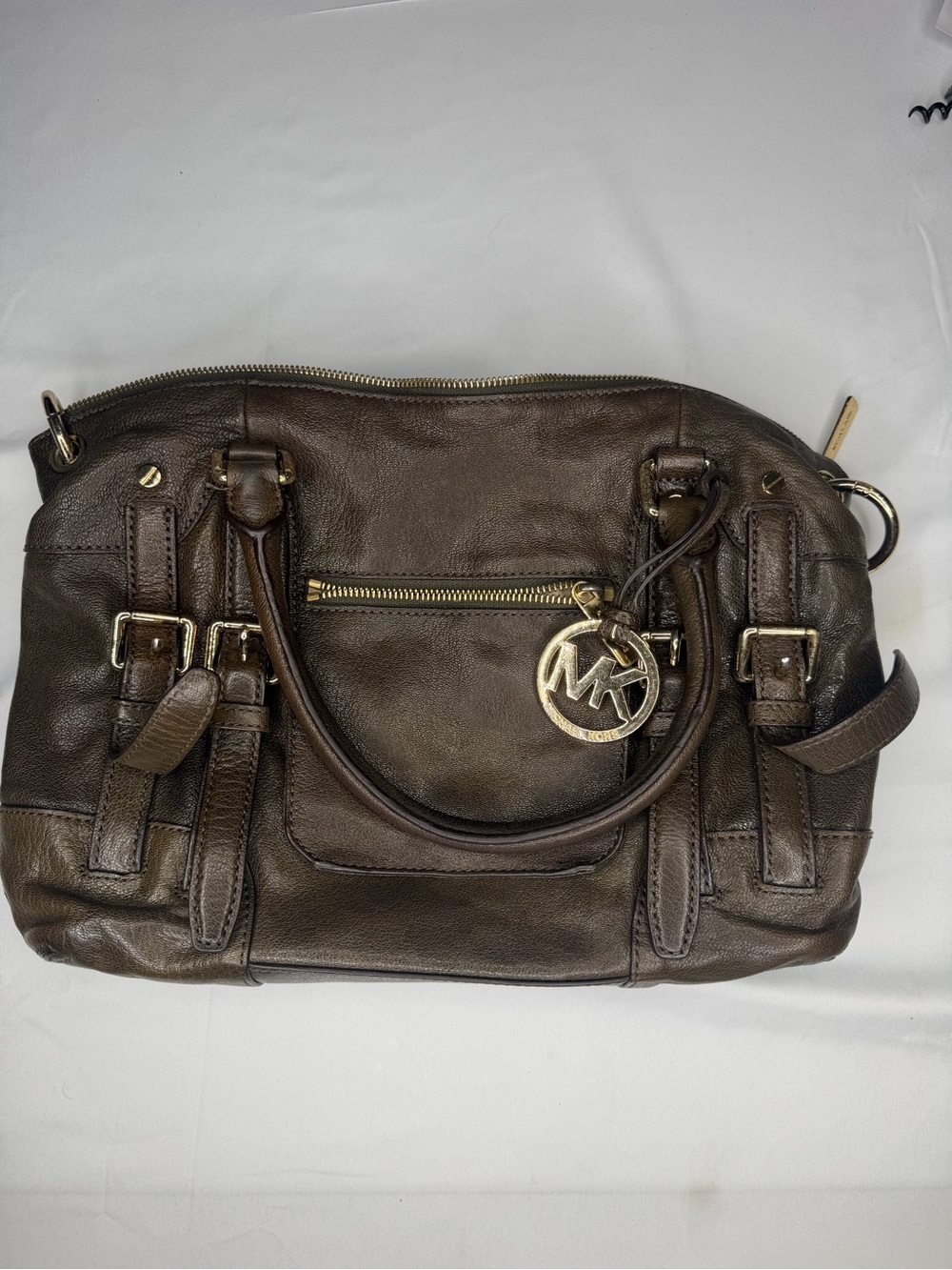 Michael Kors Dark Brown Leather Satchel with Gold MK Charm